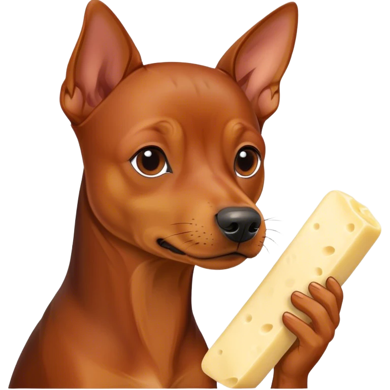 A German pinscher eating a pièce of string cheese emoji