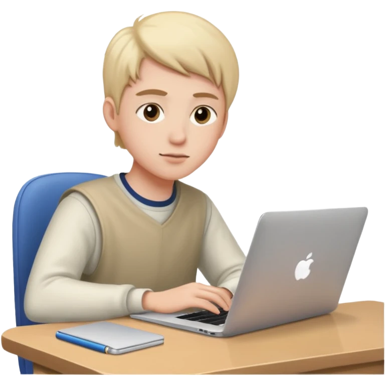ученик учит английский язык за столом дома с макбуком прямо emoji