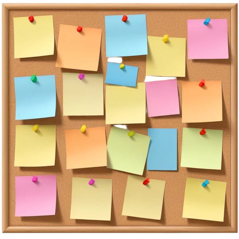 a cork board with some notes pinned to it as well as some different colored post it notes. Minimalistic emoji emoji