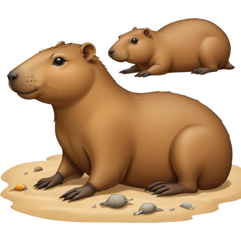 a capybara with a seal laying on a peaceful beach with other capybaras close by emoji