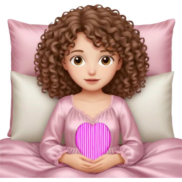 یه دختر مو فرفری با موهای موج دار که یه لباس خواب کرومی تنشه و خوبیده تو تختش emoji