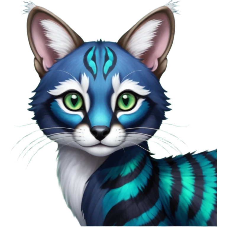 Colorful dark tropical cobalt-blue, black, white fur, with green eyes, iridescent glorious divine exotic cute cool beautiful shiny beautiful fantasy-caracal-civet-genet-sergal-vernid-Cacomistle-Furret-civet-oncilla-animal-Fakémon-hybrid-fursona with pattern markings (full body) emoji