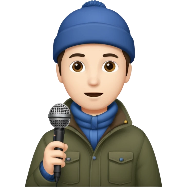 man with winter clothes holding microphone emoji