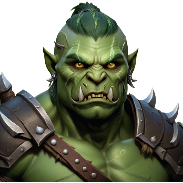 Cinematic Realistic WoW Orc Warrior Portrait, head tilted epicly and inquisitively, showcasing a commanding presence and raw, unyielding power. His battle-hardened green skin and muscular form, accented by meticulously crafted tribal armor in deep earthy hues, are rendered with lifelike clarity and dynamic lighting, high shine, epic and awe-inspiring, embodying the relentless spirit of an orc warrior ready for battle. emoji