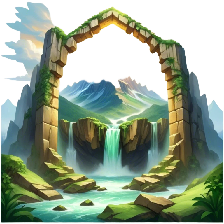 A breathtaking view of a massive mountain split perfectly in half, revealing a glowing mystical core inside. The jagged edges of the split rock are illuminated by a soft golden light emanating from the mountain's heart. The scene is set in a vast landscape with a dramatic sky filled with swirling clouds and beams of sunlight breaking through. Small waterfalls cascade from the edges of the broken mountain, creating a surreal and magical atmosphere. The surrounding environment consists of lush greenery, scattered ancient ruins, and mist rising from the depths of the split. emoji