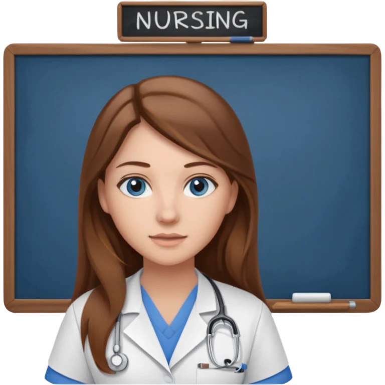 inside a classroom at university that says nursing school on the board with a pretty female nursing student with long brown hair, blue eyes emoji