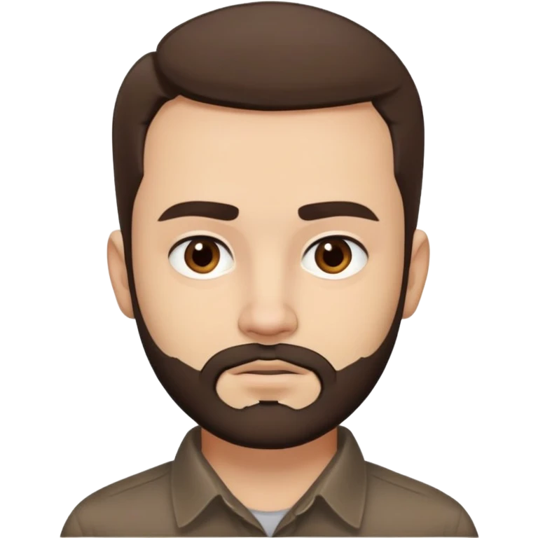 Close-up of René Monclova with light skin tone, round face, broad cheekbones. Lively dark brown eyes, thick straight eyebrows. Short messy brown hair with slight receding hairline. Untidy brown beard covering jaw. Wearing a dark collared shirt. emoji