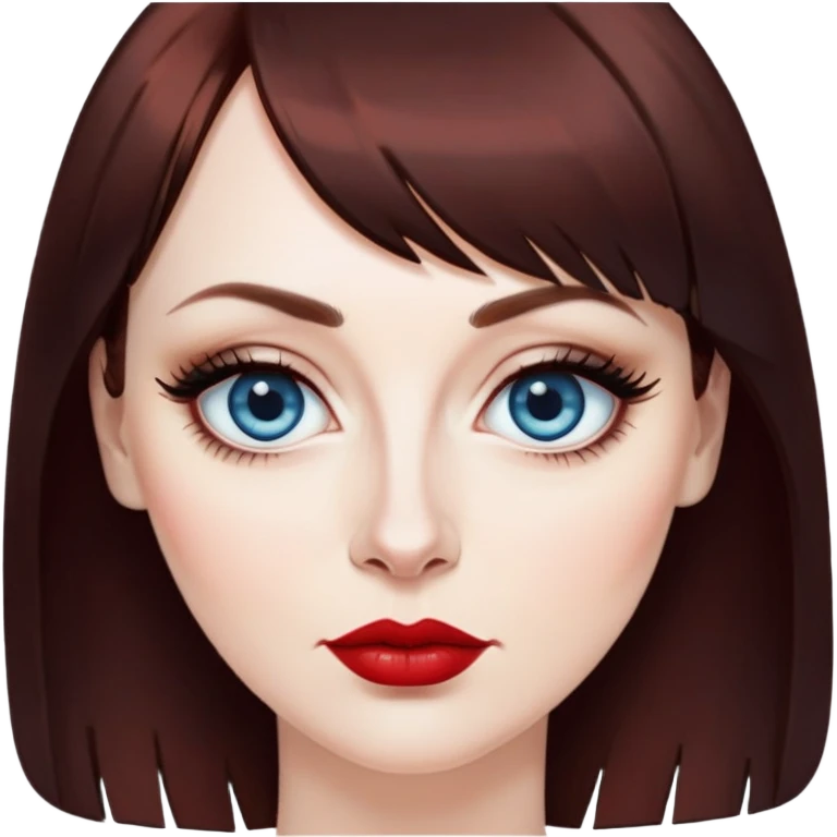 Artistic woman in her 40s with pale skin, oval face, large blue eyes with eyeliner, thin eyebrows, small nose, red lipstick, dark auburn hair with bangs, wearing a black top, mature creative expression emoji