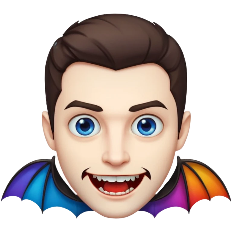 Vampire with blue eyes, short brown hair, short beard/scruff and fangs. rainbow color bats behind him emoji