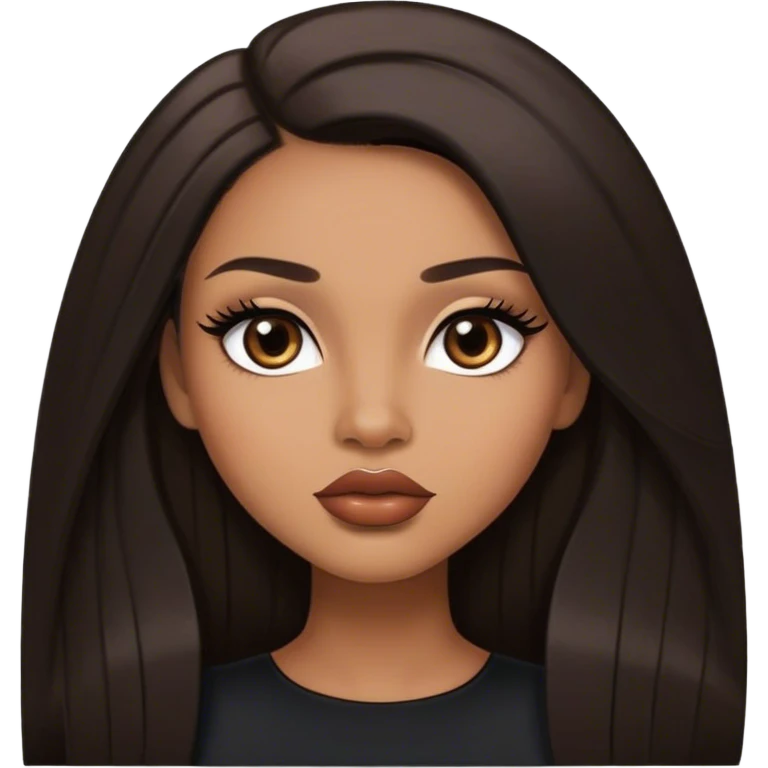light brown skin tone, very beautiful woman, with big plump lips, long long lashes, black straight long hair, middle hair parting, brown eyes, black dress, emoji