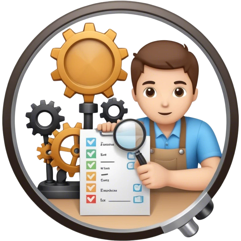 An icon representing a quality control department with a person. The image should feature a person inspecting products with a magnifying glass, holding a checklist, or reviewing items on a table. Include symbols like gears, quality stamps, and checkmarks in a clean, minimalist style with soft colors emoji