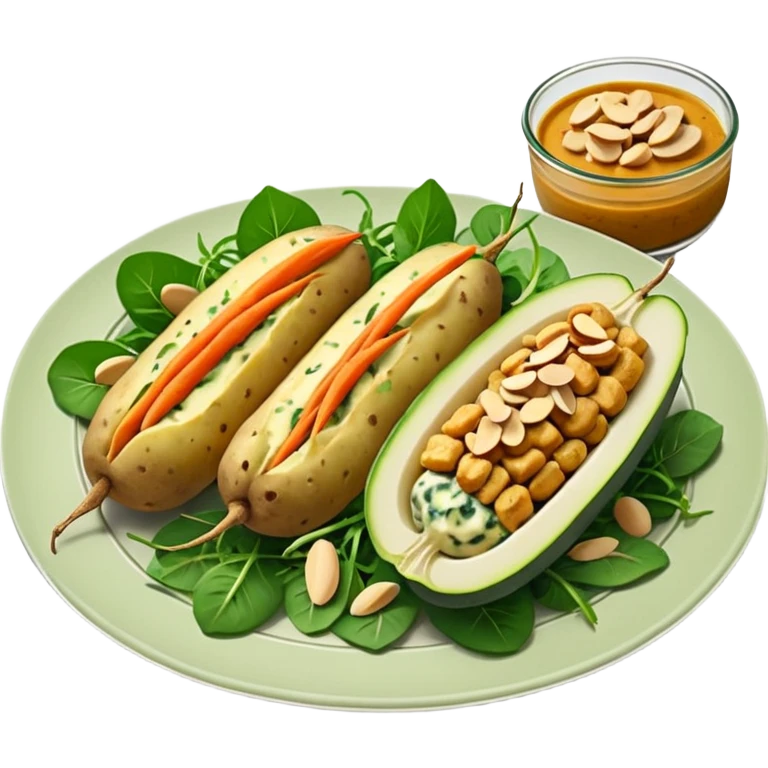 Potatoes stuffed with a filling of cashews, tofu, chives and almonds baked with a cheesy peanut-spinach sauce and smoked tempeh + a salad of fennel-marinated zucchini and carrots served with pickled cucumber and arugula.  emoji