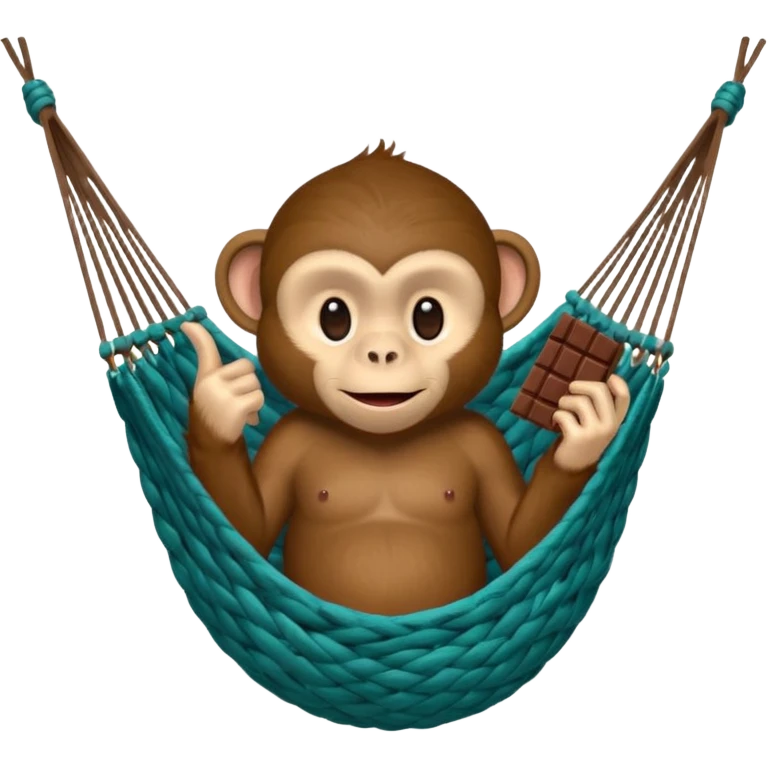 A monkey lies in a hammock in the jungle, eating chocolate and giving the middle finger. emoji
