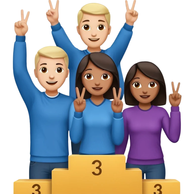 three casually dressed multi-racial people on a winners podium with the center step higher, no numbers, center person holding up one finger on each hand, left person holding up two fingers on each hand, right person holding up three fingers on each hand, cheerful expressive emoji style emoji
