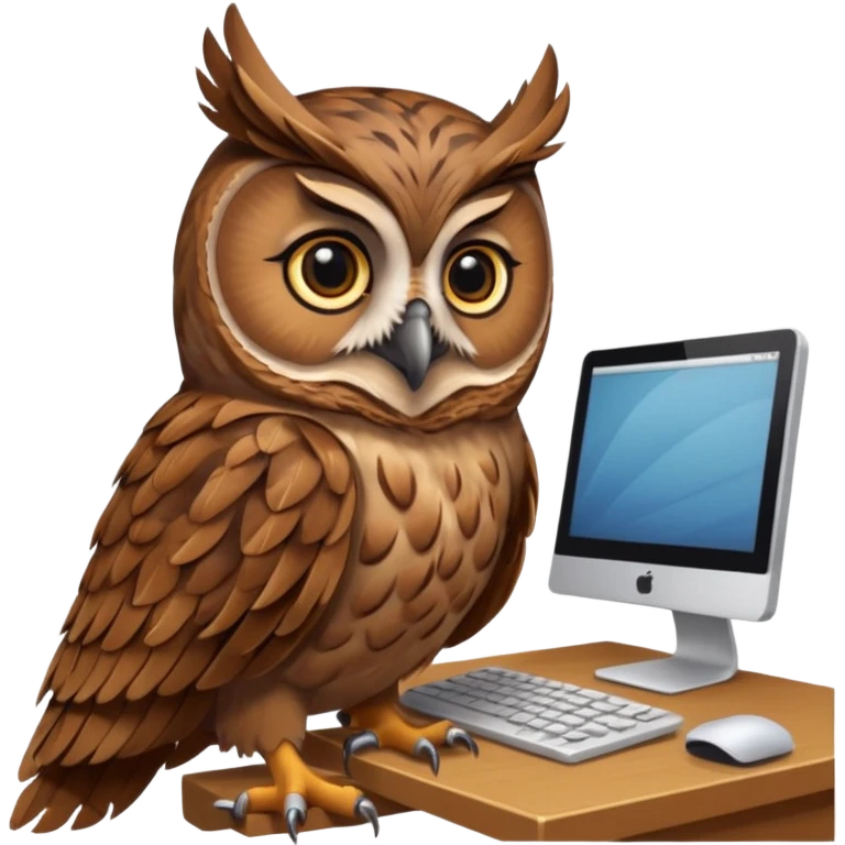 an owl working on computer in an appartement with  timber emoji