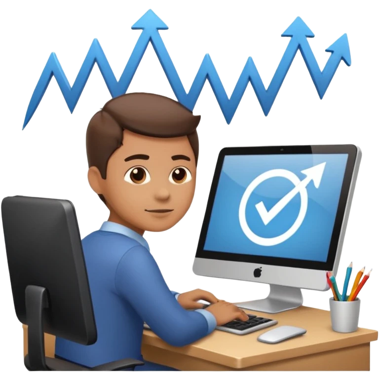 A person sitting at a desk working and looking at a computer with upward arrows and percentage signs, suggesting digital sales, marketing, or outreach. emoji