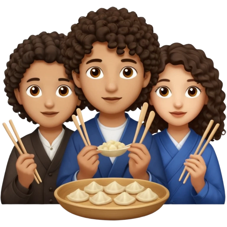 Can you create an emoji of three 23 year olds eating dumplings. One boy with wavy curly hair and one Jewish girl with long dark brown curly hair and one half Indian / half white girl with mid length straight dark brown hair. All brown eyes emoji