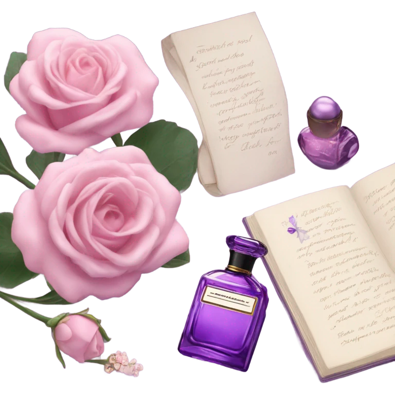Aesthetic showcase of light pink stock flowers, a vintage-inspired violet perfume bottle, an emotional love note, and a purple silk bookmark. emoji