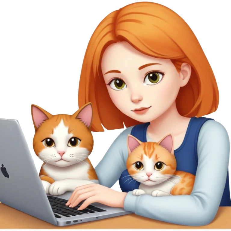 A girl is working on a laptop with a cat lying next to it emoji