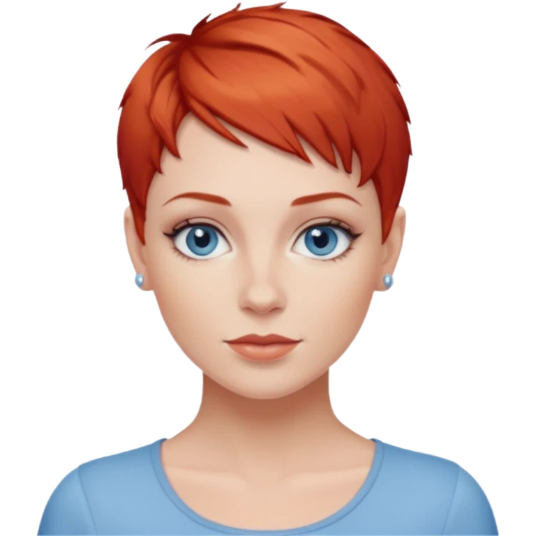 27 year old white woman, red hair, pixie cut, blue eyes emoji