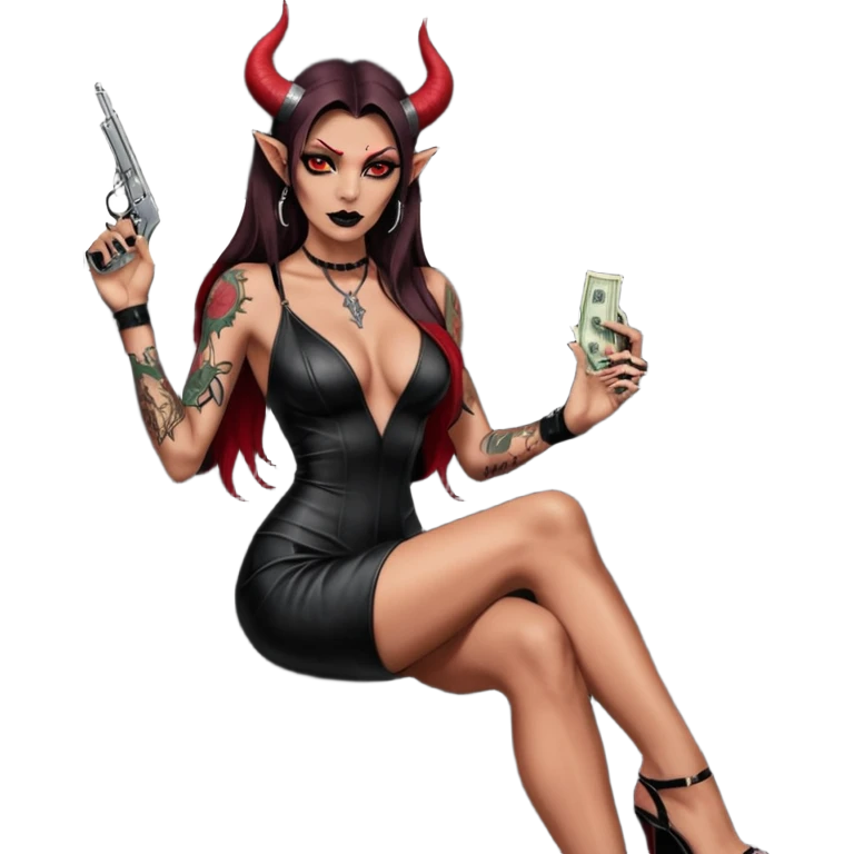 Lilith model red eye sexy black  devil horns.  long brown haired sexy succubus woman with leather long dress slit, sitting in limo. Wearing Black Platform high heels on feet. Tattoo sleeve arms, she has stacks of cash and a man dead human skull is on top of stack of cash and a gun in  hand emoji