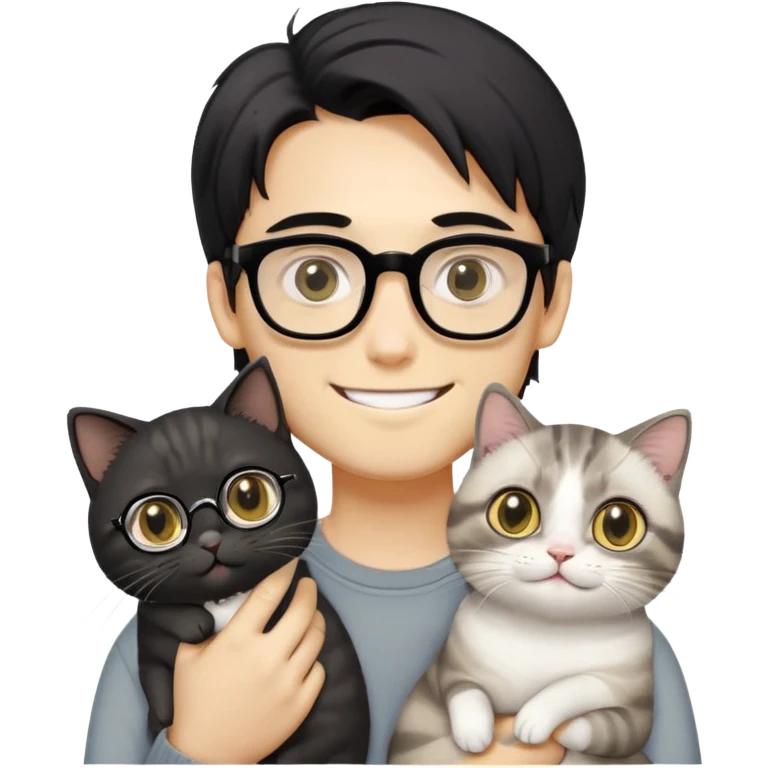 Young man with warm yellow-toned skin, long face, black back-length hair, large eyes, thin-rimmed square glasses, smiling gently while holding a grayish-white Munchkin cat with short legs and a gray patch under its mouth emoji