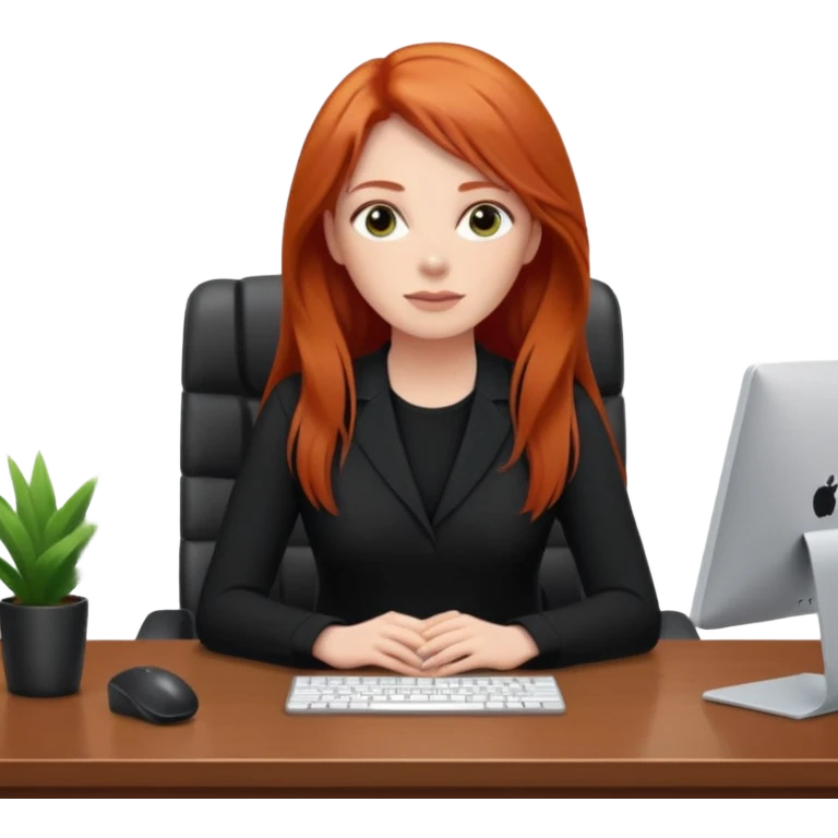 Video call therapy session: red-haired therapist with long hair wearing black minimalist clothing, seated in a professional home office, looking at the webcam; calm, modern teletherapy setting emoji