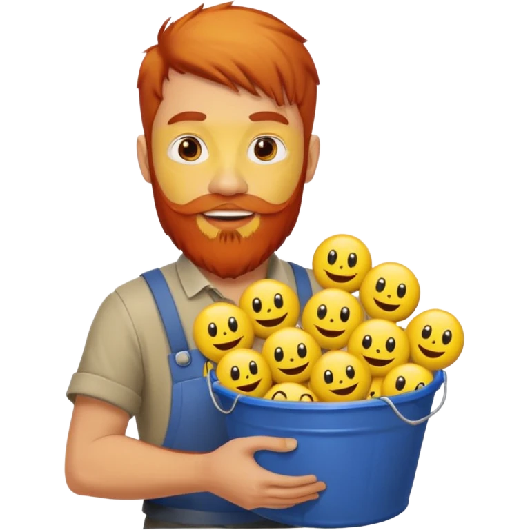 Man with red beard carrying bucket of yellow smiley face emoji
