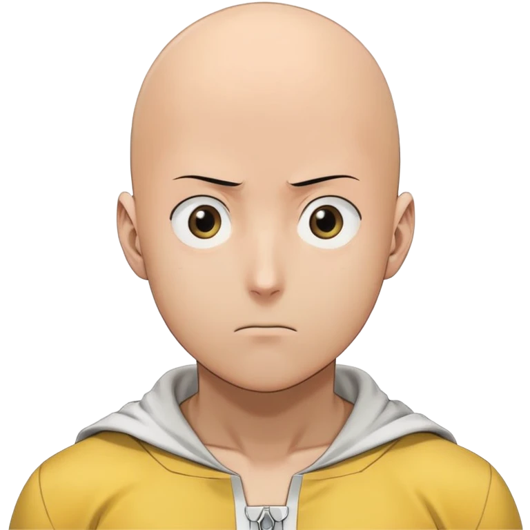 Saitama with blank face from One Punch Man, plain expression, bald head, simple round eyes, yellow hero suit, comical anime look emoji