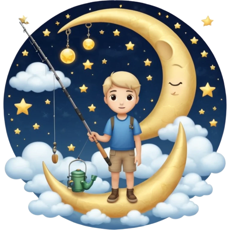A dreamy night sky with a crescent moon. A boy sits on the moon holding a fishing rod, surrounded by soft clouds and stars. Magical and peaceful atmosphere. emoji
