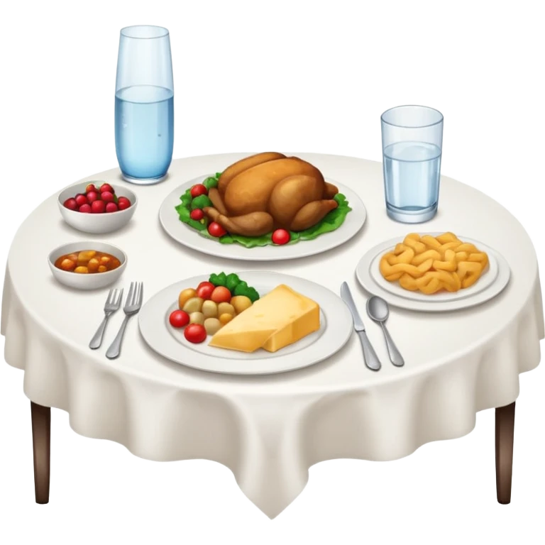 A table with white tablecloth and dinner emoji