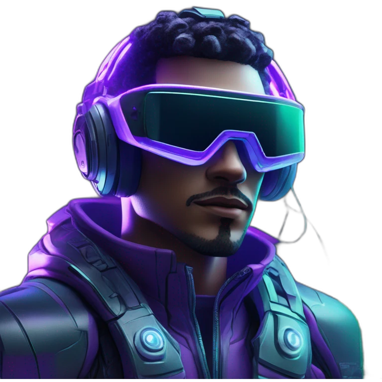 A hiperrealistc cyberwear futuristic metaverse Man playing with holograms cyberwear techwear green and purple neon perfect lights add a Futuristic cyberpunk metaverse headset emoji