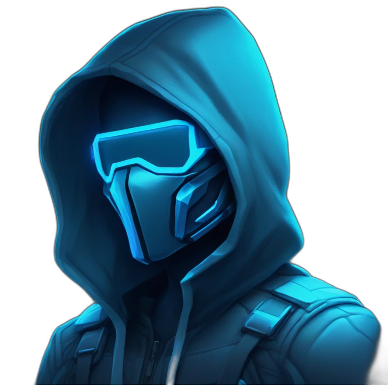 Side view developer behind his laptop with this style : Riot Games Valorant neon glowing bright blue character blue black hooded assassin themed character emoji