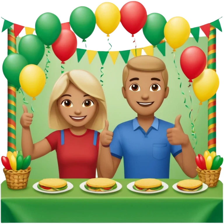 party table decorated with green red and  yellow colors, including a backdrops, balloons arch, streamers and more. On the table are intricate displays of colombian arepas, and baskets of money. In the forefront is a woman and man in simple clothing, big smiles and big thumbs up emoji