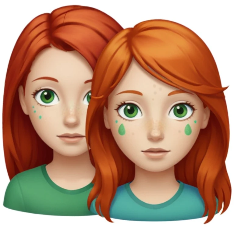 Deux filles celle à gauche à les cheveux roux et la peau claire avec des tâche de rousseur et les yeux bleu vert avec un peu de toutes les couleurs la fille à sa droite est un tout petit peu plus petite à les cheveux blonds long il les yeux verts emoji