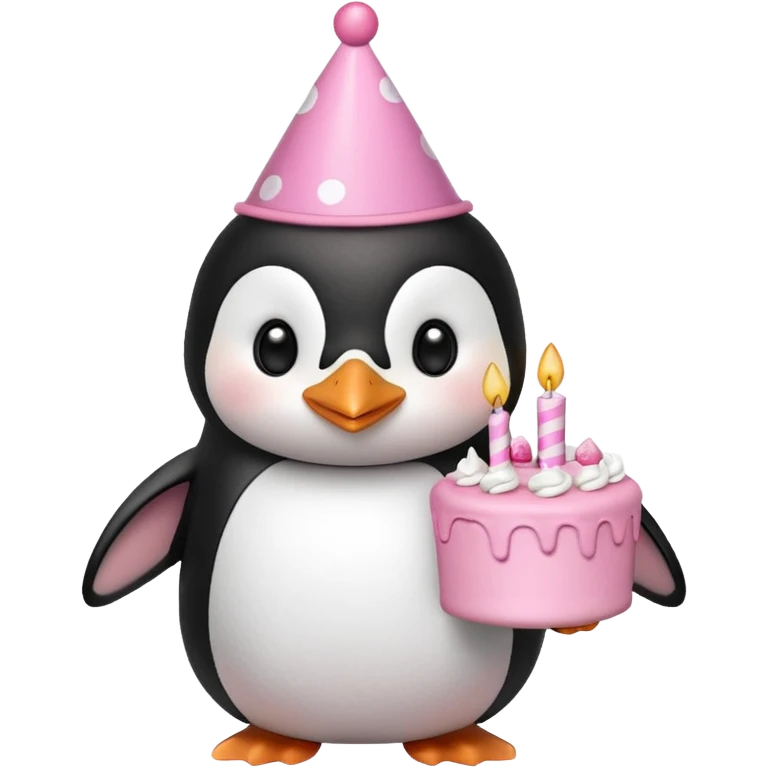 cute penguin  hold a pink birthday cake in both arms with pink birthday hat emoji
