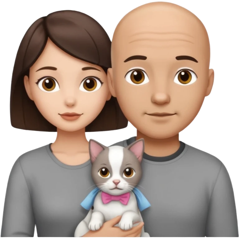 Bald guy with brunette girl and white puppy and Grey cat emoji