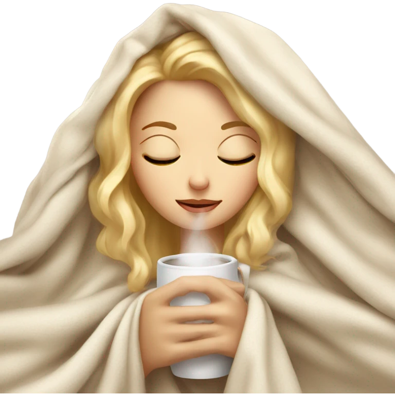 blonde girl inside a blanket sipping coffee eyes closed emoji