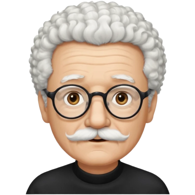 An elderly man emoji fluffy curly white hair, brown eyes behind black-framed glasses, a narrow pointed face, and a thin straight white mustache above his mouth. emoji
