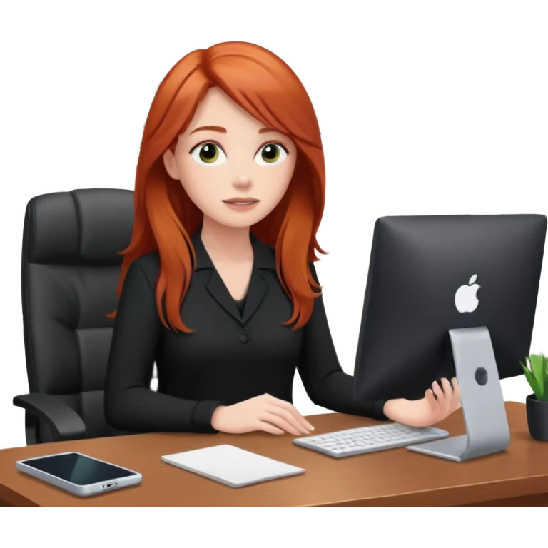 Video call therapy session: red-haired therapist with long hair wearing black minimalist clothing, seated in a professional home office, looking at the webcam; calm, modern teletherapy setting emoji