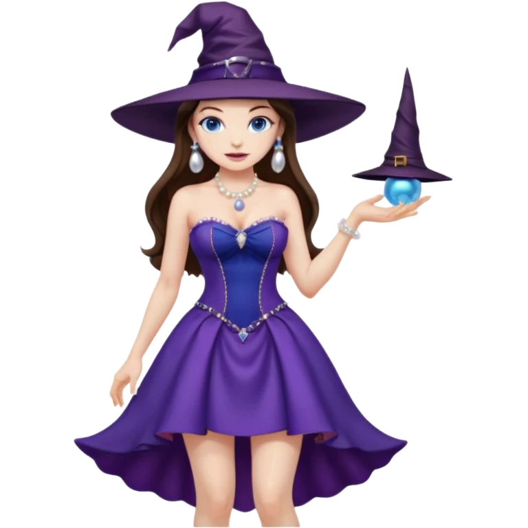 sexy woman brunette, very large breasts, pale skin, blue eyes, long brown hair, short purple strapless dress, witch hat, pearl earrings, smirking, in high heels, standing, head to toe, full body, zoomed out, entire outfit visible emoji