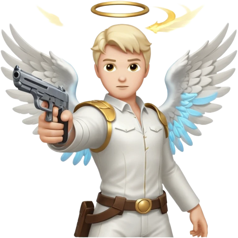 male Angel dual-wielding pistols, shooting, dynamic action pose, glowing wings, no background














 emoji