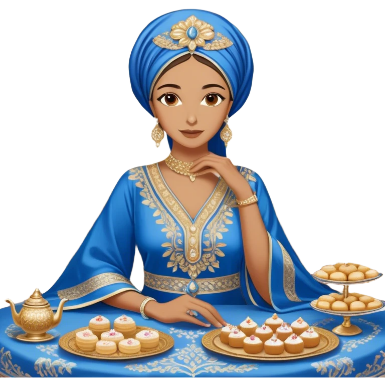 Arabian hospitality and tradition. A woman dressed in an elegant, intricately embroidered blue and gold kaftan sits gracefully at a lavish table filled with traditional sweets like luqaimat, pastries, and cakes, featuring silver tea sets, candles, and luxurious textiles emoji