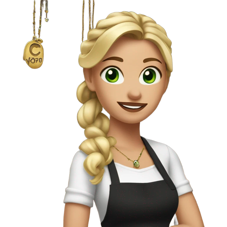 Waitress with white shirt and black apron, there is a cursive C in the upper left corner of the apron, straight blonde hair in a ponytail, green/hazel eyes, lots of boho jewelry and bracelets  emoji
