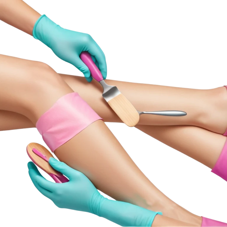 Close-up professional beauty photo of a smooth white leg during a waxing procedure, a second person’s hand wearing a turquoise nitrile glove spreading warm pink depilatory wax along the leg with a wooden spatula emoji