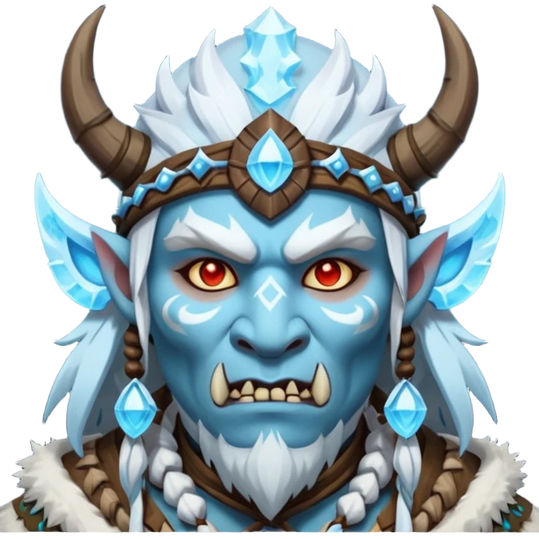 Fantasy Christmas orc shaman icon, ice spirit magic theme, glowing runes, winter tribal mask elements, mystical cold atmosphere, emoji sized portrait, male/female variant emoji