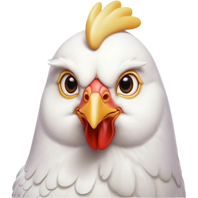 Cinematic Noble White Chicken Portrait Emoji, Poised and regal, with a compact, sturdy build and a pristine, well-groomed pure white plumage, deep-set soulful beady eyes, Simplified yet sharp and sophisticated features, highly detailed, glowing with a soft, dignified glow, high shine, intelligent and alert, stylized with an air of barnyard elegance, focused and attentive, soft glowing outline, capturing the essence of a watchful and confident fowl, so majestic it feels as though it could strut out of the screen with effortless authority! emoji