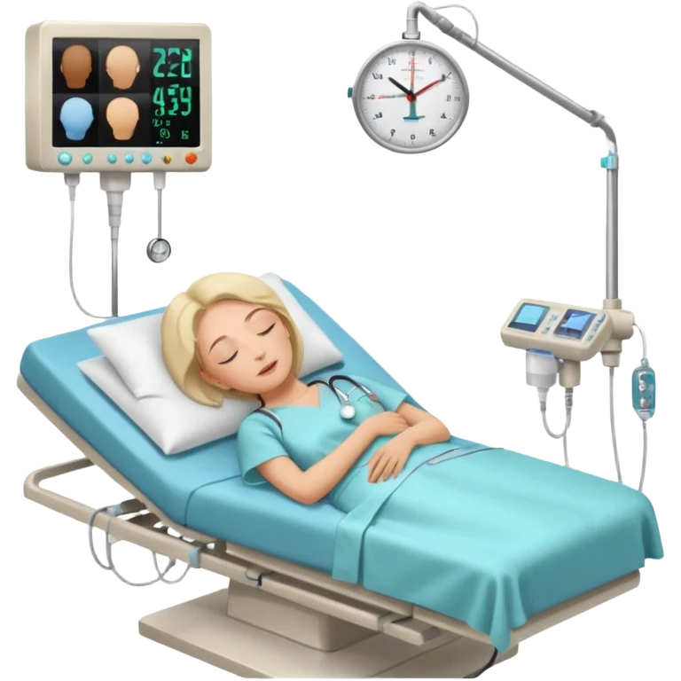A woman in her 50s lying on an examination bed with eyes closed, shown in a wide, full-body view in a clean colonoscopy procedure room. Only the patient is visible. emoji