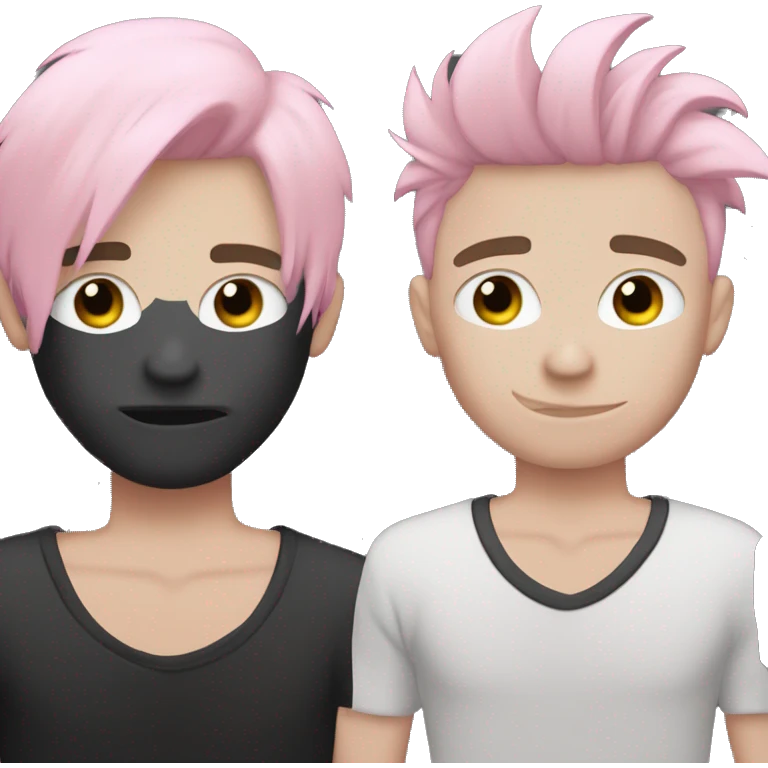 Create an emoji of an emo guy with split-dyed hair—one side pastel pink and the other side black. The hair should have a slightly messy, choppy texture, and the character should have a subtle, sad expression, wearing dark clothing typical of emo fashion emoji
