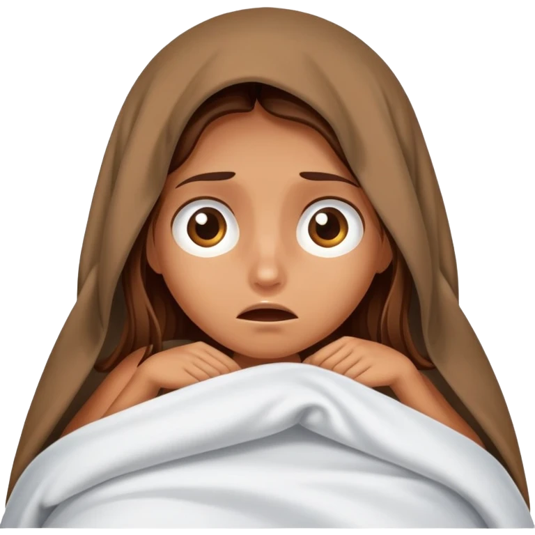 a tanned girl with brown long hair hid under the blanket in bed in fear emoji